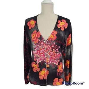 d.terrell bold orange floral button front fashionable cardigan